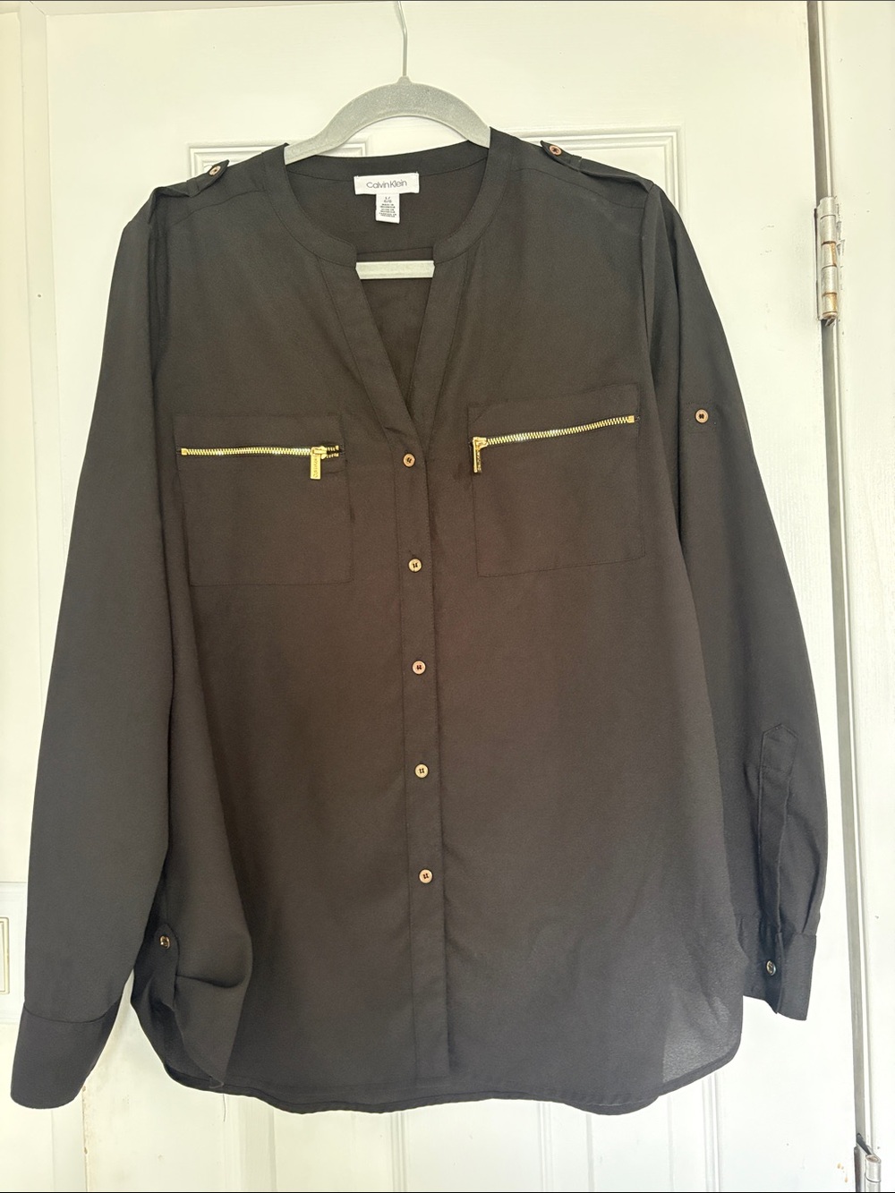 Calvin Klein Black Blouse with Gold Zipper Accents